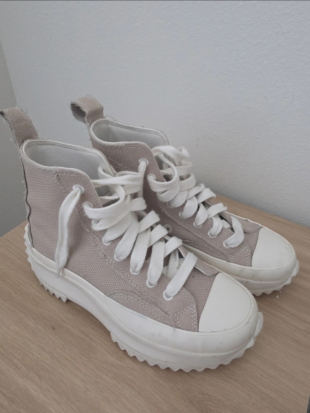 Womens High-Top Canvas Sneakers in Light Beige - Platform Lace-Up